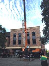 Large Crane for installation of Tim Storrier bronze sculpture The Histrionic Wayfarer